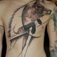Abstract style half painted colored fox tattoo on chest