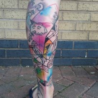 Abstract style homemade like colored various cartoon like bids tattoo with moon and flowers