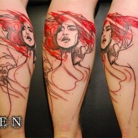 Abstract style homemade woman portrait tattoo on arm