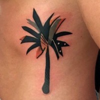 Abstract style little multicolored palm tree tattoo on side
