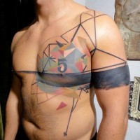Abstract style multicolored geometrical tattoo on chest with number