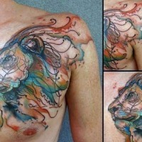 Abstract style multicolored lion shaped tattoo on chest