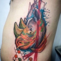 Abstract style multicolored side tattoo of rhino and red lines
