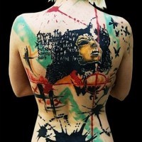 Abstract style multicolored whole back tattoo with mask, butterflies and paint drips
