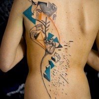 Abstract style painted and colored big geometrical tattoo on back