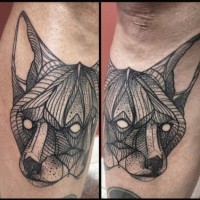 Abstract style painted big black and white fox tattoo on leg