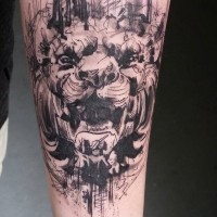 Abstract style painted black and white lion tattoo on arm