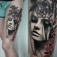 Abstract style painted mystic woman portrait tattoo on thigh