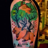 Tatuaje en el brazo, oso pardo en el bosque con casa de madera, diseño de cuentas