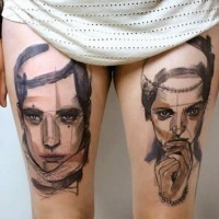 Tatuajes en los muslos, 
retratos únicos de mujer y hombre, estilo abstracto