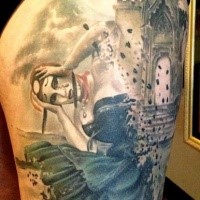 Abstract style thigh tattoo of interesting woman with medieval house