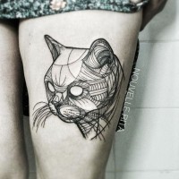 Abstract style uncolored cat tattoo on thigh