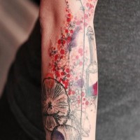 Abstract style watercolor like painted big nature tattoo on sleeve