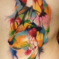 Abstract style watercolor like wolf tattoo on side