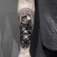 Accurate black and white astronaut tattoo on arm