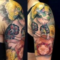 Accurate black ink Manmon cat tattoo by horitomo
