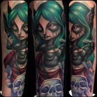 Accurate colored and painted cartoon like evil witch tattoo on forearm with skull and crow