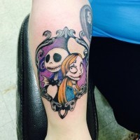 Accurate colored little forearm tattoo of monster couple portrait