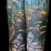 Accurate detailed looking colored evil werewolf tattoo on forearm