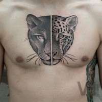 Accurate dot style painted by Valentin Hirsch chest tattoo of split panther with leopard