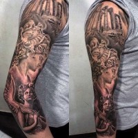 Accurate looking black and white antic statues tattoo on sleeve
