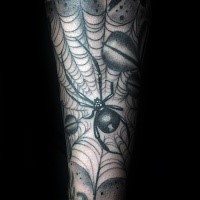 Accurate looking black ink arm tattoo of creepy spider