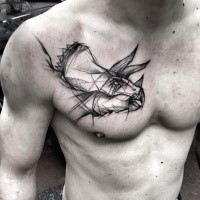 Accurate looking black ink chest tattoo of ancient dinosaur head by Inez Janiak