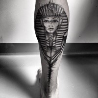 Accurate looking black ink leg tattoo of Egypt Pharaoh by Inez Janiak