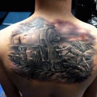 Accurate looking half colored upper back tattoo of train with angels