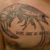 Accurate looking lifelike chest tattoo of small shrimp with lettering
