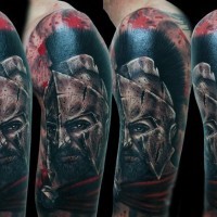 Accurate natural looking colored Spartan warrior in corrupted helmet tattoo on half sleeve