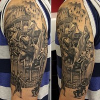 Accurate nice painted black and white antic Rome themed tattoo on upper arm