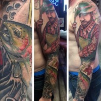 accurato dipinto colorato grande pesce con pescatore tatuaggio manicotto