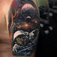 Accurate painted and colored big space tattoo on half sleeve zone