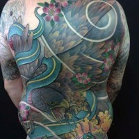 Accurate painted and colored detailed eagle tattoo on whole back