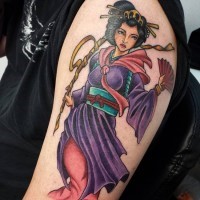 Accurate painted beautiful looking colored shoulder tattoo of Asian geisha