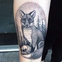 Accurate painted big black in fox with skull tattoo on arm