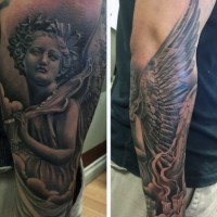 Accurate painted black and white forearm tattoo of angel statue with candles