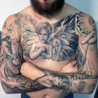 Accurate painted black and white various angels tattoo on chest and sleeve