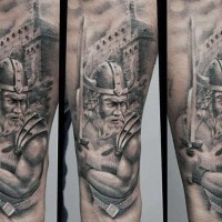 Tatuaje en el antebrazo,
guerrero intrepido con fortaleza medieval