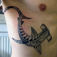 Accurate painted black ink Polynesian style side tattoo of hammerhead shark