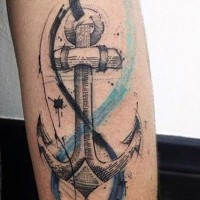Accurate painted black ink roped anchor tattoo on leg