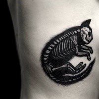 Accurate painted black ink side tattoo of cat skeleton