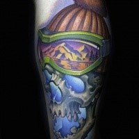 Accurate painted colored arm tattoo of human skill with hat