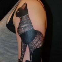 Accurate painted colored big shoulder tattoo of dark Egypt cat