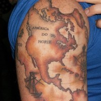 Accurate painted colored on shoulder tattoo of nautical map part