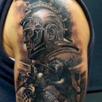 Accurate painted colored shoulder tattoo of gladiator fight with lion