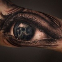 Accurate painted colored woman eye tattoo stylized with human skull