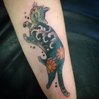 Accurate painted colorful forearm tattoo of Manmon cat by horitomo