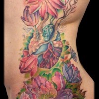 Accurate painted colorful side tattoo of various flowers and human heart